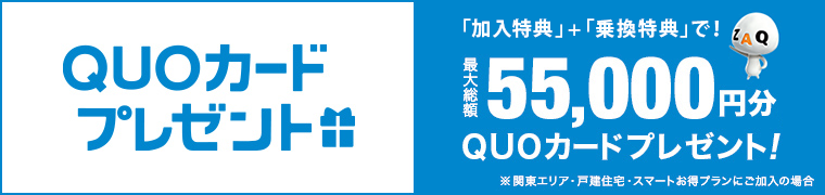 QUOカードプレゼント 「加入特典」＋「乗換特典」で！ 最大総額55,000円分QUOカードプレゼント！