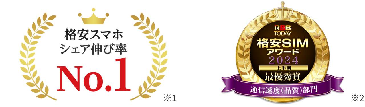 No.1 in low-cost smartphone market share growth rate / Low-cost SIM Awards Grand Prize in the communication speed (quality) category