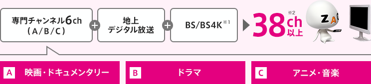 専門チャンネル6ch+地上デジタル放送+BSデジタル放送 38cn以上