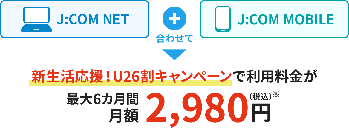 J:COM NET+ J:COM MOBILE 合わせて 新生活応援！U26割キャンぺーンで利用料金が 最大6カ月月額2,980円（税込）