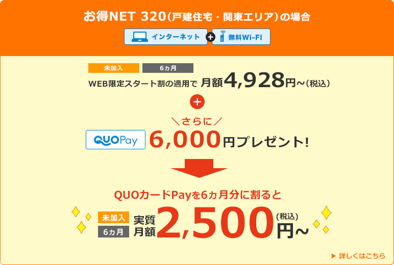 お得NET 320（戸建住宅・関東エリアの場合）インターネット+無料Wi-Fi WEB限定のスタート割の適用で月額4,928円(税込)～+さらにQUOカードPay6,000円分プレゼント　QUOカードPayを6カ月分に割ると実質月額2,500円(税込)～