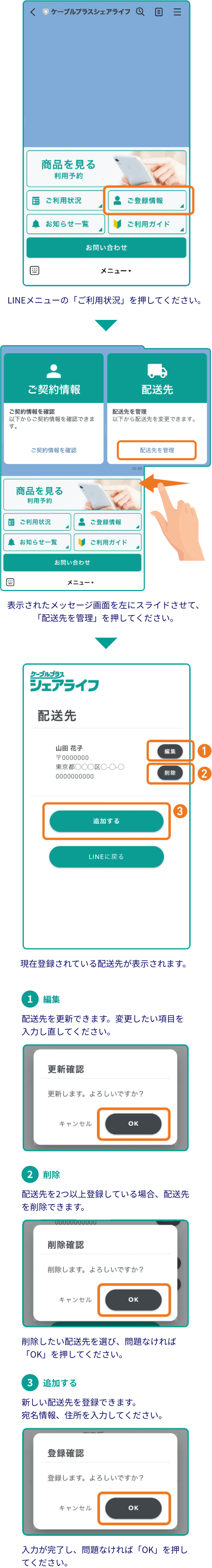 LINEメニューの「ご利用状況」を押してください。表示されたメッセージ画面を左にスライドさせて、「配送先を管理」を押してください。現在登録されている配送先が表示されます。配送先を更新できます。変更したい項目を入力し直してください。配送先を2つ以上登録している場合、配送先を削除できます。削除したい配送先を選び、問題なければ「OK」を押してください。新しい配送先を登録できます。宛名情報、住所を入力してください。入力が完了し、問題なければ「OK」を押してください。