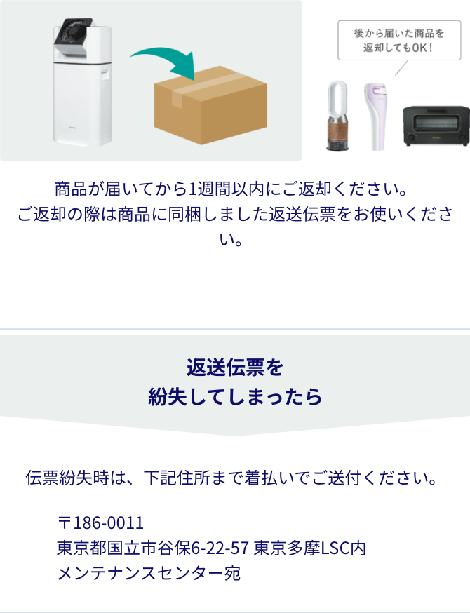 商品が届いてから1週間以内にご返却ください。ご返却の際は商品に同梱しました返送伝票をお使いください。伝票紛失時は、下記住所まで着払いでご送付ください。〒186-0011 東京都国立市谷保6-22-57 東京多摩LSC内 メンテナンスセンター宛