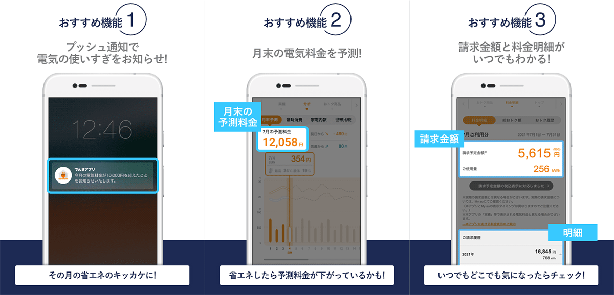 おすすめ機能1 プッシュ通知で電気の使いすぎをお知らせ!その月の省エネのキッカケに! おすすめ機能2 月末の電気料金を予測!省エネしたら予測料金が下がっているかも! おすすめ機能3 請求金額と料金明細がいつでもわかる!いつでもどこでもきに気になったらチェック!