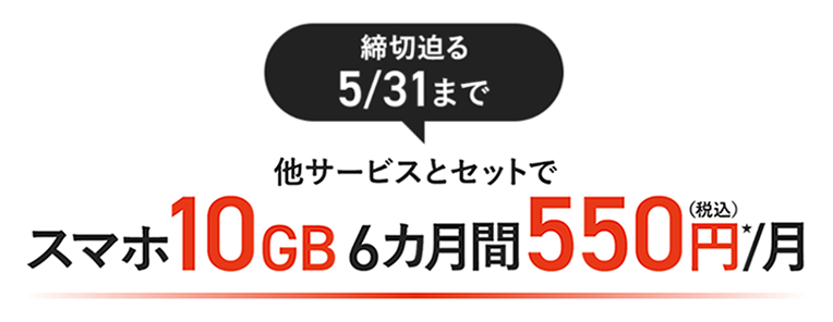 今なら他サービスとセットでスマホ10GB 6カ月間550円/月