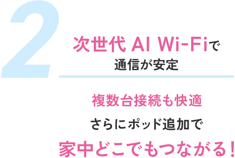 Next-generation AI Wi-Fi provides stable communication, allows multiple devices to be connected comfortably, and connects anywhere in the house by adding pods.