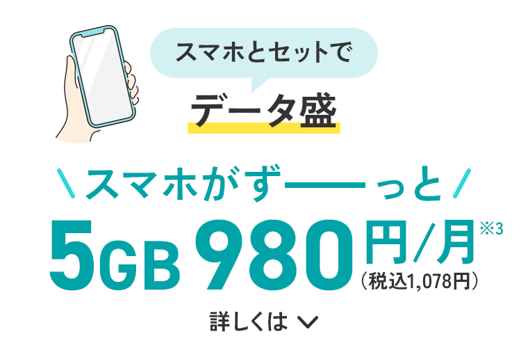 スマホとセットでデータ盛 スマホがずーっと5GB 980円（税込1,078円）