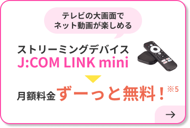 テレビの大画面でネット動画が楽しめる　ストリーミングデバイス　J*COM LINK mini 月額料金ずーっと無料！