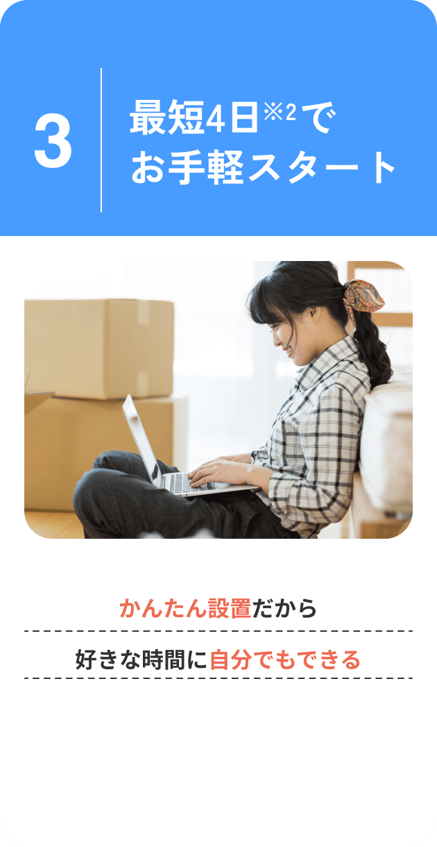 最短4日でお手軽スタート　かんたん設置だから好きな時間に自分でもできる