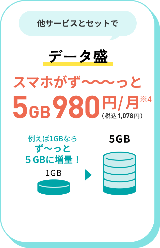 他サービスとセットでデータ盛 スマホがず〜っと5GB980円/月