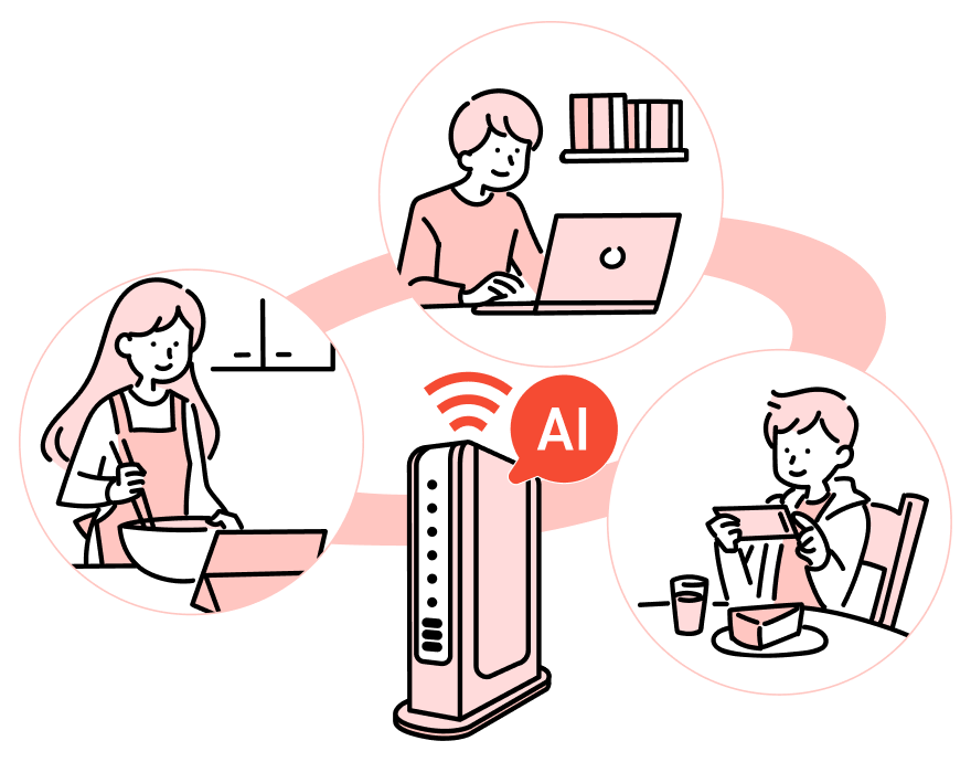 AIが利用状況を学習し、快適な通信環境を保つ様子を描いたイラスト
