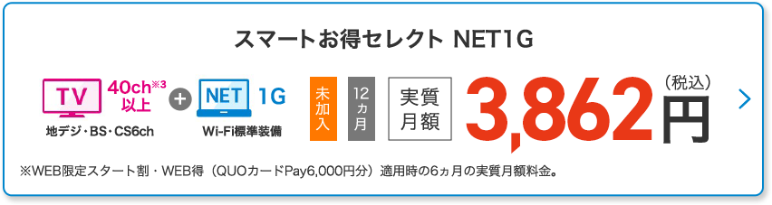 スマートお得セレクト NET1G 未加入 12カ月 実質月額3,862円(税込) ※WEB限定スタート割・WEB得(QUOカードPay6,000円分)適用時の6カ月の実質月額料金。