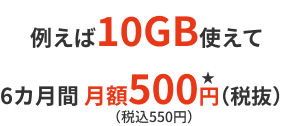 例えば10GB使えて6カ月間 月額 500円(税抜)