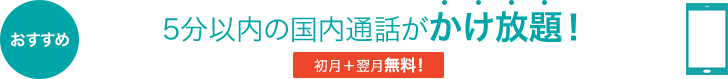 おすすめ 5分以内の国内通話がかけ放題! 初月+翌月無料!