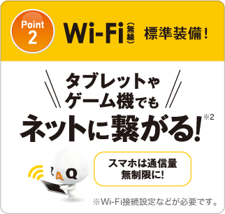Point2 Wi-Fi(無線)標準装備!タブレットやゲーム機でもネットに繋がる※2 スマホは通信料無制限に! ※Wi-Fi接続設定などが必要です。