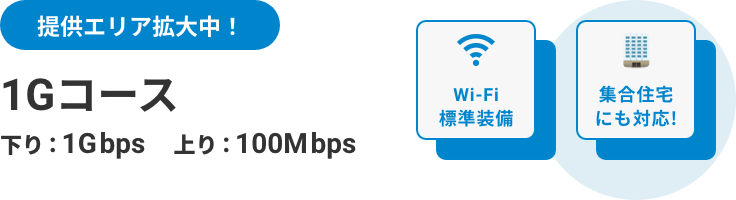 提供エリア拡大中！ 1G コース下り:1Gbps 上り:100Mbps [Wi-Fi標準装備] [集合住宅にも対応！]