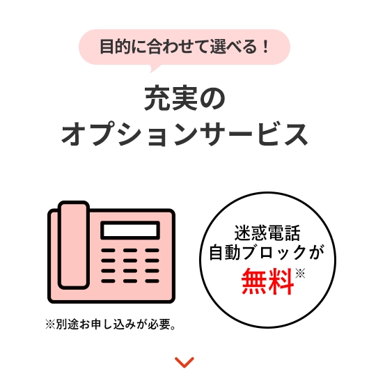 目的に合わせて選べる！ 充実のオプションサービス 迷惑電話自動ブロックが無料 ※別途お申し込みが必要。