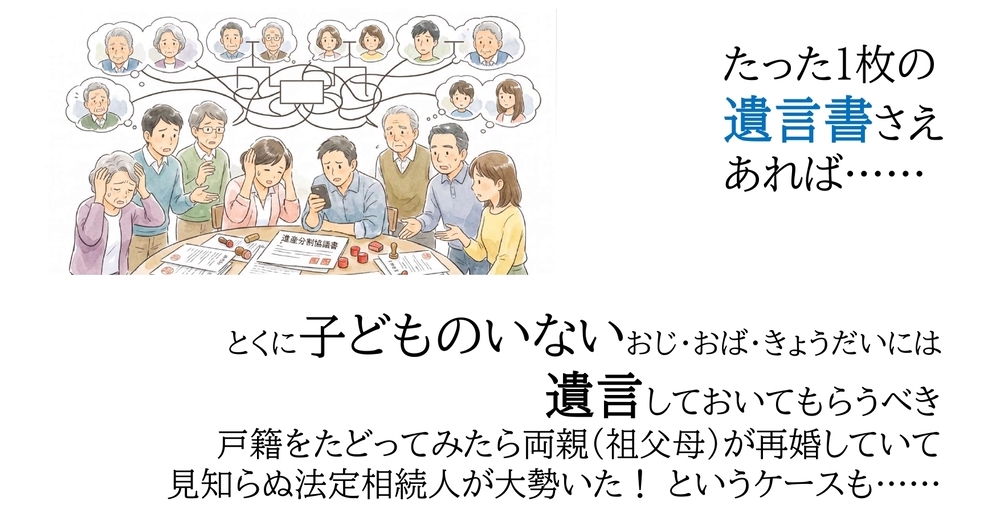 遺言書で悩む家族のイラスト