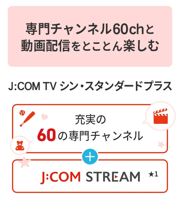 J:COM TV Shin Standard Plus, nơi bạn có thể thưởng thức 60 kênh chuyên biệt và phát trực tuyến video một cách trọn vẹn nhất. J:COM STREAM, với 60 kênh chuyên biệt