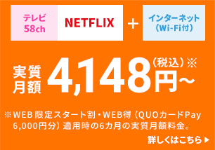 テレビ58ch NETFLEX + インターネット（Wi-Fi付） 実質月額4,148円（税込）※～ ※WEB限定スタート割・WEB得（QUOカードPay 6,000円分）適用時の6カ月の実質月額料金。詳しくはこちら