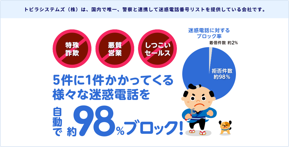 トビラシステムズ（株）は、国内で唯一、警察と連携して迷惑電話番号リストを提供している会社です。